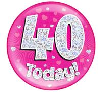 Badge d'anniversaire 40 ans rose et argent étoiles et cœurs holographiques recyclables pour 40e anniversaire, Métal Plastique