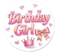 Badge d'anniversaire pour fille (5,8 cm) - Grand badge rose de princesse avec couronne, nœud à paillettes et cœurs - Jolie broche en métal pour enfants, fille et petite-fille - Décoration de tenue