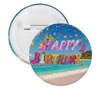 Badge « Happy Birthday on The Beach » en métal rond - Broche légère pour sac à dos - Épingles à boutons tendance pour chemises, vestes, châles, manteaux - Unisexe, 5PCS, Fer blanc, épingles rondes en