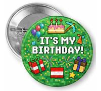Badge « It's My Birthday », 5,7 cm, thème pixel, inscription « Happy Birthday »