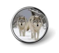 Badge rond avec deux loups marchant dans la neige - Jolie broche décorative pour chapeaux et vestes - Accessoire de bijoux pour fête de mariage