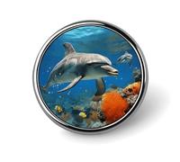 Badge rond bleu en forme de dauphins - Aspect exquis et tendance - Emblème en métal pour vêtements, sacs, chapeaux, décoration, bijoux, cadeau