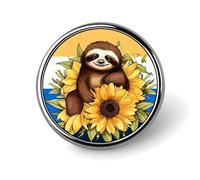 Badge rond en émail avec motif paresseux assis sur un tournesol - Décoration de vêtements unisexe - Pour chapeaux, sacs, chemises
