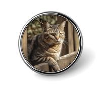 Badge rond en forme de chat sur une clôture en bois - Jolie broche décorative pour chapeaux, vestes, vêtements, bijoux, accessoires pour fête de mariage