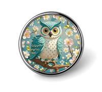 Badge rond en forme de hibou avec fleurs de printemps turquoise pour homme et femme, durable et élégant, badges en métal léger pour chemises, vestes, chapeaux