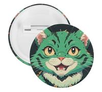 Badge rond en métal avec motif chat vert animé, broche légère pour sac à dos, épingles à boutons tendance pour chemises, vestes, châle, manteau, unisexe, 5PCS, Fer blanc, épingles rondes en métal