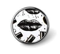 Badge rond en métal avec motif lèvres rouges à lèvres noir cool - Pour vêtements, sacs, chapeaux - Décoration de fête - Accessoires pour homme et femme