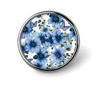 Badge rond en métal avec motif marguerite bleue en fleurs - Pour vêtements, sacs, chapeaux - Broche imprimée humoristique - Accessoires de fête pour homme et femme