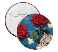 Badge rond en métal avec motif rose rouge et trois loups - Broche légère pour sac à dos - Épingles tendance pour chemises, vestes, châles, manteaux - Unisexe, 12PCS, Fer blanc, épingles rondes en