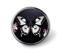 Badge rond en métal noir et blanc avec motif papillon - Pour vêtements, sacs, chapeaux - Décoration de fête - Accessoires pour homme et femme