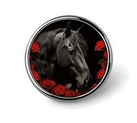 Badge rond en métal personnalisé avec cheval noir sur fond de roses rouges pour vêtements, sacs, chapeaux, décorations de fête, accessoires pour homme et femme