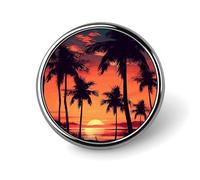Badge rond en métal personnalisé avec palmier et coucher de soleil d'été - Pour vêtements, sacs, chapeaux, décorations de fête - Accessoires pour homme et femme