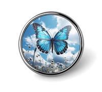 Badge rond en métal personnalisé avec papillon bleu et nuages - Pour vêtements, sacs, chapeaux, décorations de fête - Accessoires pour homme et femme