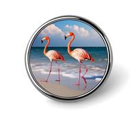 Badge rond flamant rose sur la plage - Jolie broche décorative pour chapeaux, vestes - Accessoire de bijoux pour fête de mariage