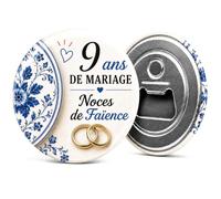 Badgmania Décapsuleur Aimanté 9 Ans de Mariage - Noces de Faïence - Cadeau Homme Élégant Ouvre-Bouteille - Ouvre-Bouteille Magnet Frigo - Fabriqué en France - Ø 59 mm