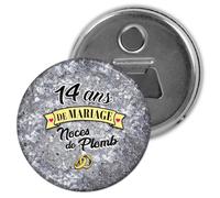 Badgmania Décapsuleur Magnet Aimant | Anniversaire 14 Ans de Mariage Noces de Plomb | Diamètre 5.9cm | Anneaux Mariage | Ouvre Bouteille Réfrigérateur