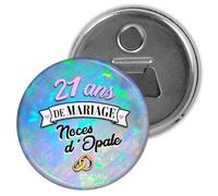 Badgmania Décapsuleur Magnet Aimant | Anniversaire 21 Ans de Mariage Noces d'Opale | Diamètre 5.9cm | Anneaux Mariage | Ouvre Bouteille Réfrigérateur