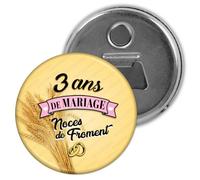 Badgmania Décapsuleur Magnet Aimant | Anniversaire 3 Ans de Mariage Noces de Froment V2 | Diamètre 5.9cm | Anneaux Mariage | Ouvre Bouteille Réfrigérateur