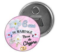Badgmania Décapsuleur Magnet Aimant | Anniversaire 6 Ans de Mariage Noces de Chypre | Diamètre 5.9cm | Anneaux Mariage | Ouvre Bouteille Réfrigérateur