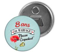 Badgmania Décapsuleur Magnet Aimant | Anniversaire 8 Ans de Mariage Noces de Coquelicot V2 | Diamètre 5.9cm | Anneaux Mariage | Ouvre Bouteille Réfrigérateur