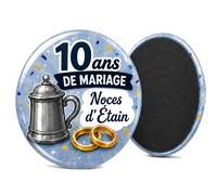 Badgmania Magnet Aimant 10 Ans de Mariage - Noces d'Étain - Idée Cadeau Couple Coloré - Déco Frigo Festive à Afficher - Fabriqué en France - Ø 38 mm