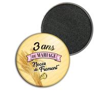 Badgmania Magnet Aimant 3.8cm | Anniversaire 3 Ans de Mariage Noces de Froment V2 | Diamètre 3.8cm | Anneaux Mariage