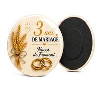 Badgmania Magnet Aimant 3 Ans de Mariage - Noces de Froment - Cadeau Romantique Couple Élégant - Souvenir Anniversaire Raffiné - Fabriqué en France - Ø 59 mm