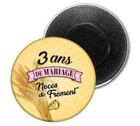 Badgmania Magnet Aimant 5.9cm | Anniversaire 3 Ans de Mariage Noces de Froment V2 | Diamètre 5.9cm | Anneaux Mariage