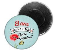 Badgmania Magnet Aimant 5.9cm | Anniversaire 8 Ans de Mariage Noces de Coquelicot V2 | Diamètre 5.9cm | Anneaux Mariage