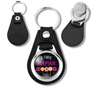 Badgmania Porte Clés Cuir Vegan Jeton de Caddie Je t'aime maman - Fleurs sur noir - Célébration Annonce Anniversaire Amour