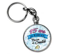 BADGMANIA Porte-clés Métal 15 ans de Mariage - Noces de Cristal - Idée Cadeau Original Couple - Souvenir à Emporter Partout - Logo 33 mm 2 Faces - Fabriqué en France