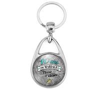 BADGMANIA Porte Clés Métal 2 faces Anniversaire 10 ans de Mariage Noces d'Etain | Alliances Anneaux de Mariage | Logo 30mm | Forme poire