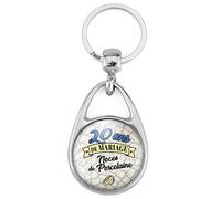 BADGMANIA Porte Clés Métal 2 faces Anniversaire 20 ans de Mariage Noces de Porcelaine | Alliances Anneaux de Mariage | Logo 30mm | Forme poire