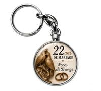 BADGMANIA Porte-clés Métal 22 ans de Mariage - Noces de Bronze - Cadeau Couple Romantique Anniversaire - Souvenir à Emporter - Logo 33 mm 2 Faces - Fabriqué en France