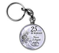 BADGMANIA Porte-clés Métal 25 ans de Mariage - Noces d'Argent - Cadeau Romantique Couple Élégant - Souvenir Anniversaire Raffiné - Logo 33 mm 2 Faces - Fabriqué en France