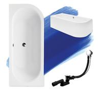 BADLAND Baignoire D'angle Originale 150 x 75 cm Gauche en Acrylique - Kit Complet Avec Tablier, Siphon, Design Moderne, Bonde Chromée, Pour 2 Personnes