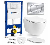 BADLAND Kit WC Geberit Duofix Basic UP 100 + WC mural Desna Blanc + plaque d'actionnement Delta01 Chrome + abattant WC Slim Soft Close + tapis d'insonorisation