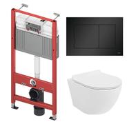BADLAND TECEbase Kit mural pour WC avec WC mural Rolo blanc, tapis d'isolation acoustique et plaque de commande noire - Kit complet pour cloisons sèches et installation murale