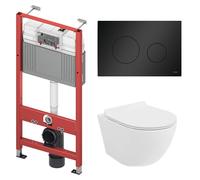 BADLAND TECEbase Kit mural pour WC avec WC mural Rolo blanc, tapis d'isolation acoustique et plaque de commande noire - Kit complet pour cloisons sèches et installation murale