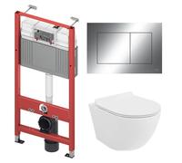 BADLAND TECEbase Kit mural pour WC avec WC mural Rolo blanc, tapis d'isolation acoustique et plaque de commande chromée - Kit complet pour cloison sèche et installation murale