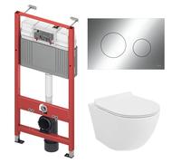 BADLAND TECEbase Kit mural pour WC avec WC mural Rolo blanc, tapis d'isolation acoustique et plaque de commande chromée - Kit complet pour cloison sèche et installation murale