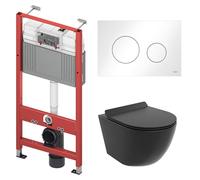 BADLAND TECEbase Kit mural pour WC avec WC mural Rolo noir, tapis d'isolation acoustique et plaque de commande blanche, kit complet pour cloison sèche et installation murale