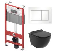 BADLAND TECEbase Kit mural pour WC avec WC mural Rolo noir, tapis d'isolation acoustique et plaque de commande blanche, kit complet pour cloison sèche et installation murale