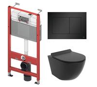 BADLAND TECEbase Kit mural pour WC avec WC mural Rolo noir, tapis d'isolation acoustique et plaque de déclenchement Noir - Kit complet pour cloisons sèches et installation murale