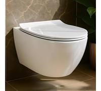 BADLAND WC Rolo - WC suspendu mural en céramique blanc, avec abattant WC Soft-Close, revêtement nano, WC suspendu moderne pour salle de bain et WC d'invités