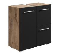 Badplaats Mars Meuble de salle de bain sous vasque, 60 x 30 cm, chêne châtaignier, noir mat, avec 2 portes et 1 tiroir