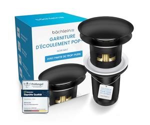 Bächlein Bonde Universelle avec Trop-Plein pour Lavabo et Évier - Valve Pop-up Noire Mate - 3 Joints pour Lavabos de Tous Genres Inclus, Valve d’Écoulement Bonde - Montage avec Mode d’Emploi