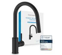 Bächlein Kocuso Robinet de cuisine pivotant à 360 degrés (noir mat) - Mitigeur d'évier en acier inoxydable avec tuyau extensible et douchette avec bouton de commutation - Robinet de cuisine