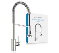 Bächlein Robinet de cuisine pivotant à 360 degrés (acier inoxydable brossé) - Mitigeur d'évier en acier inoxydable à une main avec col flexible et douche avec bouton d'interrupteur, robinet d'eau pour