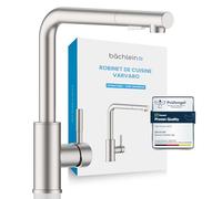 Bächlein Varvaro Robinet de cuisine pivotant à 360 degrés (acier inoxydable brossé) - Mitigeur monocommande en acier inoxydable avec tuyau extensible et douchette avec interrupteur